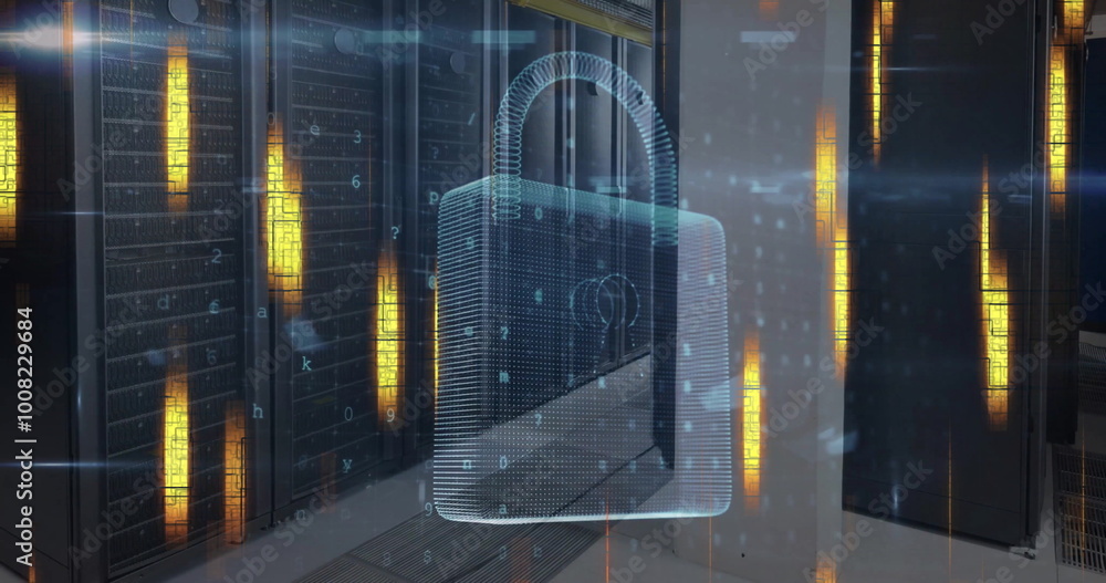 Poster image of data processing with padlock over server room