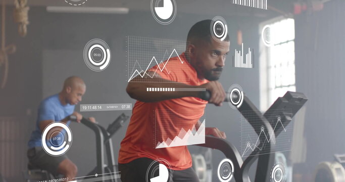 Image of financial data processing over diverse people using elliptical bikes on gym