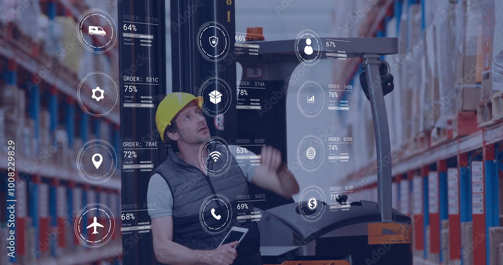 Aufkleber image of icons and digital data processing over caucasian man in forklift working in warehouse