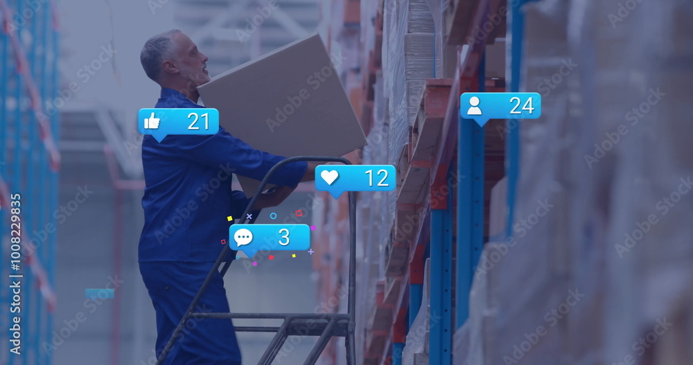 Poster image of icons and digital data processing over caucasian man working in warehouse