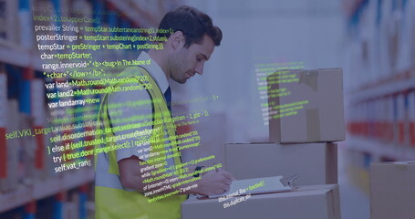 Image of digital data processing over caucasian man working in warehouse
