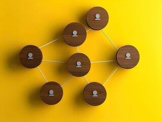 Dynamic Network Flowchart Poster: Abstract Design of Wooden Circles with Person Icons on Bold Yellow Background – Perfect for Sports Interiors and Motivational Spaces