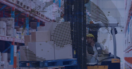 Image of globe and digital data processing over caucasian man in forklift working in warehouse