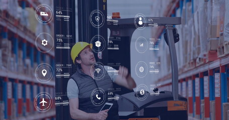 Image of icons and digital data processing over caucasian man in forklift working in warehouse