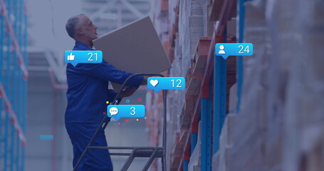 Image of icons and digital data processing over caucasian man working in warehouse
