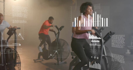 Image of financial data processing over diverse people using elliptical bikes on gym
