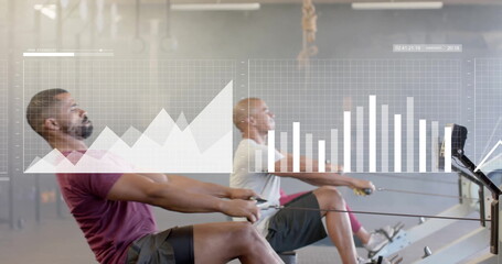 Image of financial data processing over diverse people using indoor rower on gym