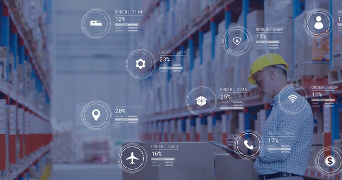 Image of icons and digital data processing over caucasian man working in warehouse - Powered by Adobe