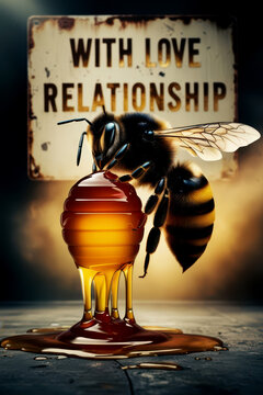 Beautiful Bee Before Honey-Dripping Hive with 'With Love' in the Background &ndash; Dramatic Love-Hate Theme
