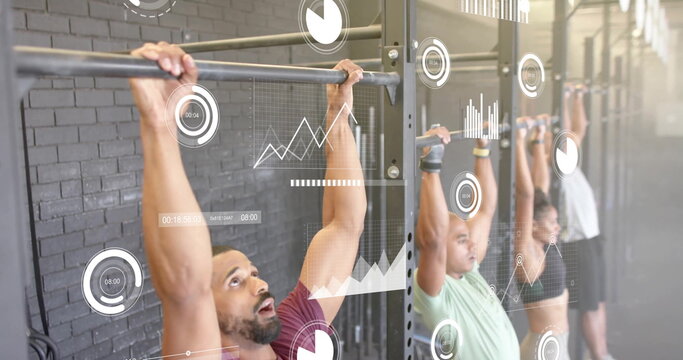Image of financial data processing over diverse people doing pull ups on gym