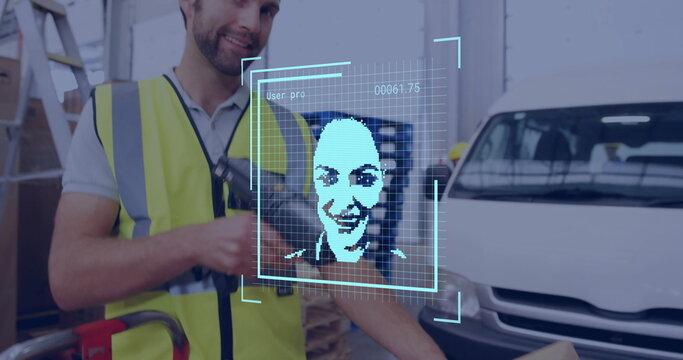 Image of biometric photo and digital data processing over diverse people working in warehouse