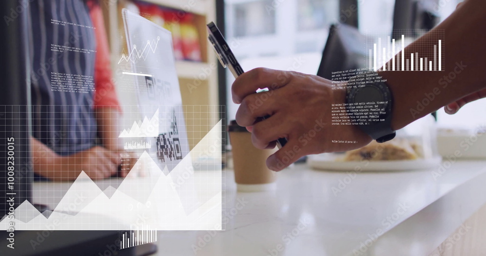 Poster image of financial data processing over biracial man scanning qr code in coffee shop