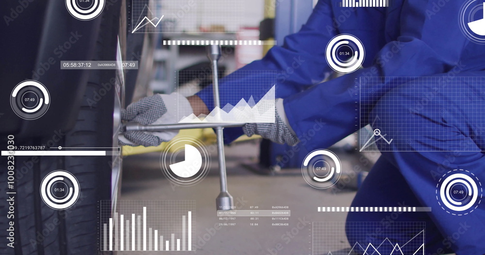Poster image of data processing and diagrams over caucasian male mechanic working in workshop