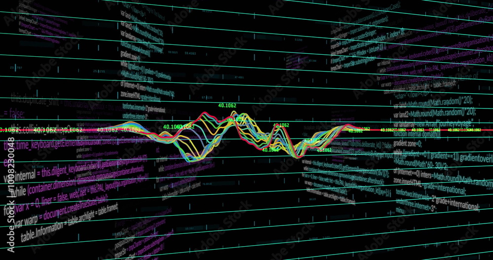Poster image of data processing and diagrams over black background