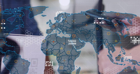 Image of financial data processing with world map over caucasian woman serving coffee