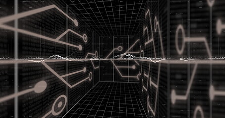Image of data processing and diagrams over digital tunnel with connections