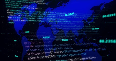 Image of data processing and diagrams over world map on black background