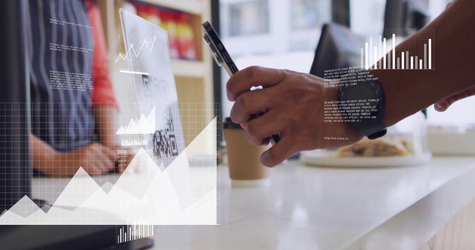 Image of financial data processing over biracial man scanning qr code in coffee shop