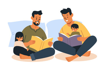 Family reading time parents children books sitting together cozy home setting colorful