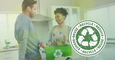 Image of ecology texts with recycling symbol over diverse couple sorting plastic bottles