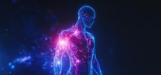 Naklejka premium A glowing, futuristic human figure made of radiant particles, representing technology, health, and progress in digital art.