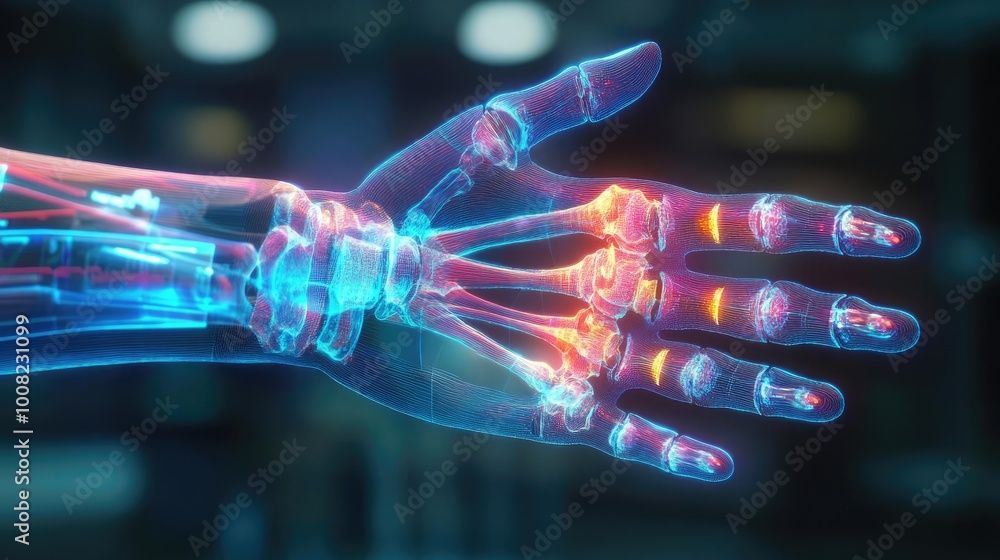 Poster a futuristic robot hand showcasing intricate circuits and glowing elements, representing advanced te