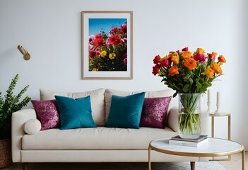 Stylish sofa setup with bold cushions and fresh flowers