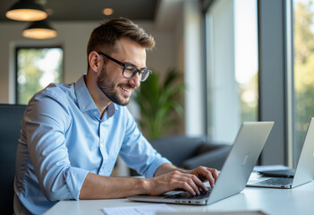 Young man in glasses working in office. Male in blue shirt typing on a laptop. Blurred background.
