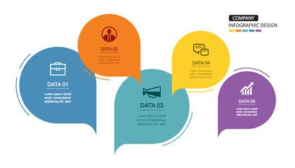 Infographics speech bubbles timeline with 5 number data template. Illustration abstract background.