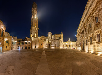 The beautiful Piazza del Duomo in Lecce, Italy, at night with no people