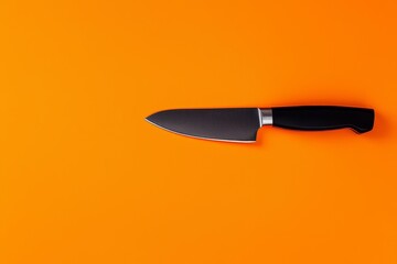 Stainless steel kitchen knife on a bright orange background, sharp blade contrasting with bold colors, minimalist composition