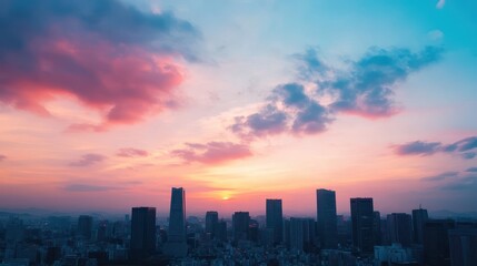 Fototapeta premium Cityscape Sunset with Pink and Blue Clouds