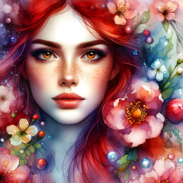 Red heair young woman portrait with florals in hair painted by watercolor