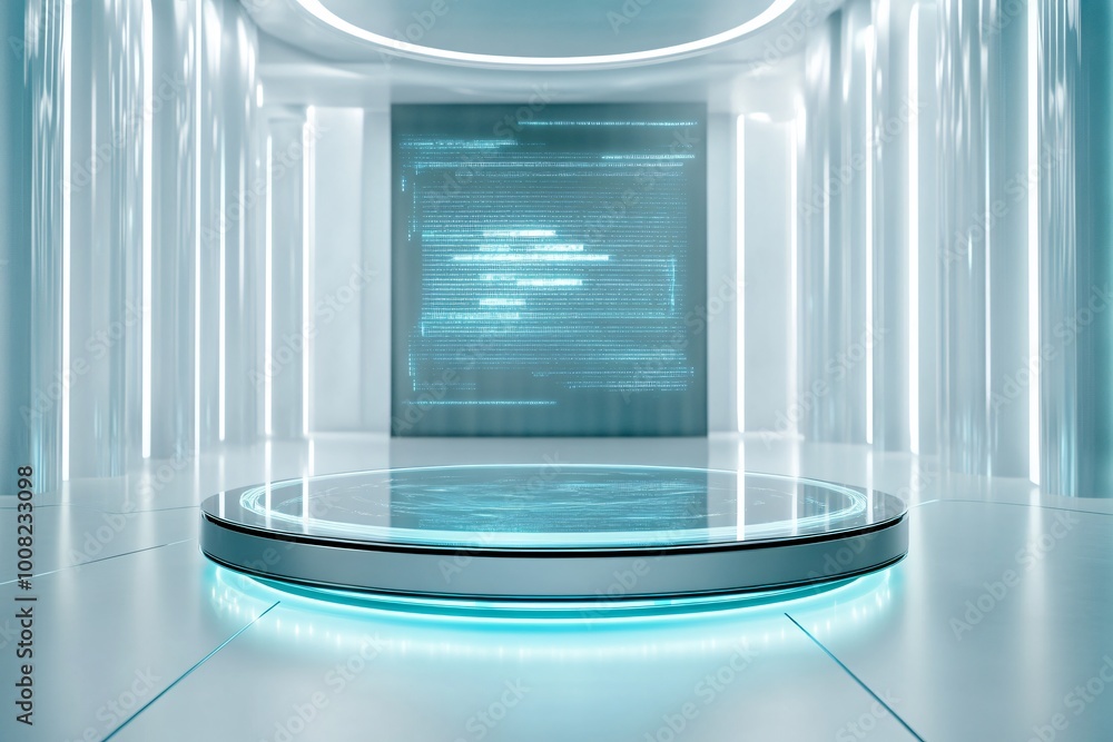 Aufkleber futuristic sci-fi interior with illuminated podium in front of a screen displaying digital code.