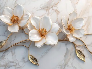 Elegant White Magnolias with Golden Accents Over Marble: A Stunning Poster for Sporty Interiors, Perfectly Highlighting Nature's Beauty Against a Luxurious Backdrop