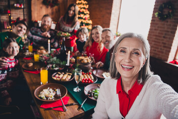 Photo of group family members take selfie record video gather celebrate christmas apartment indoors