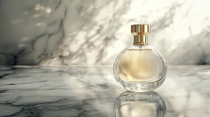 A stylish perfume bottle sits elegantly on a marble surface, reflecting light and creating a serene atmosphere.