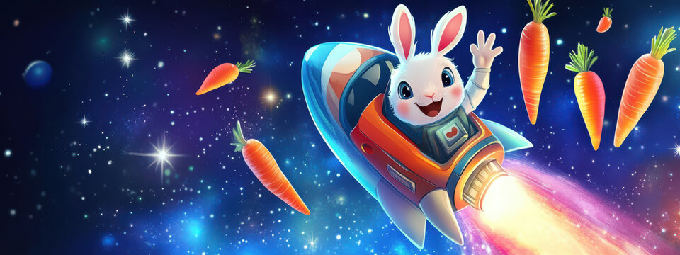 A joyful rabbit astronaut explores the cosmos, surrounded by floating carrots in vibrant space - Powered by Adobe