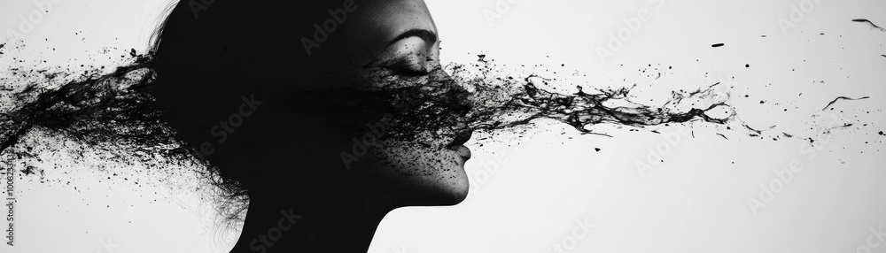 Poster an artistic monochrome representation of a figure with flowing liquid, symbolizing creativity and ab