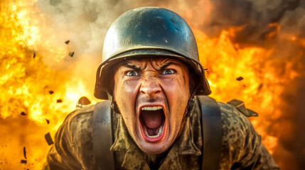 Soldier screaming with intense rage during explosion