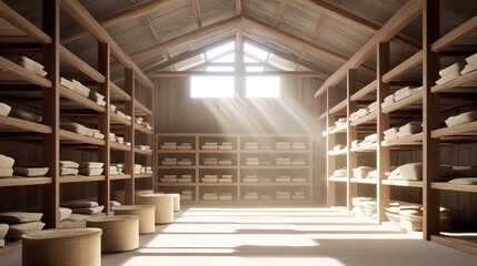 A sunlit storage space filled with neatly stacked items.