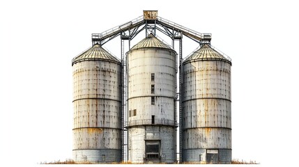 Three large silos for grain storage.