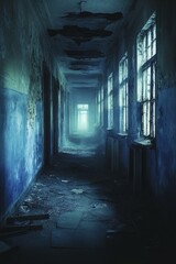 A long, dark and eerie hallway in an abandoned building. The light at the end of the hallway is faint and mysterious. Aesthetic cover page for horror novel