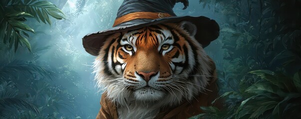 A whimsical tiger wearing a hat amid a lush forest backdrop, blending elements of fantasy and nature.
