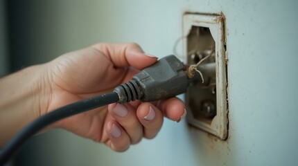 Woman holding a damaged electrical cord near a wall socket