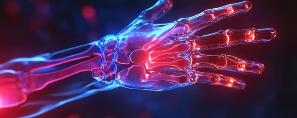A futuristic robotic hand glowing with red and blue lights, showcasing advanced technology and the interplay of artificial intelligence.