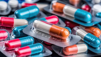 A vibrant assortment of colorful capsules and tablets in blister packs, showcasing various shapes and sizes typical of pharmaceutical products.