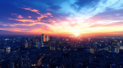 Obraz premium A stunning sunset over a bustling city skyline, showcasing vibrant colors and a sprawling urban landscape.