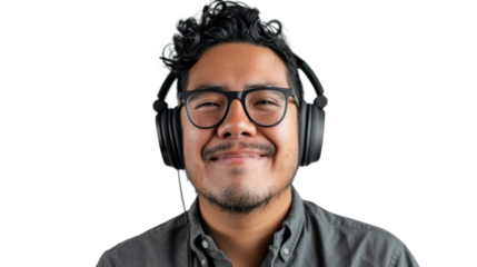 Young Hispanic male marketing professional with headphones during virtual meeting on white background 