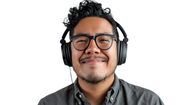 Young Hispanic male marketing professional with headphones during virtual meeting on white background 